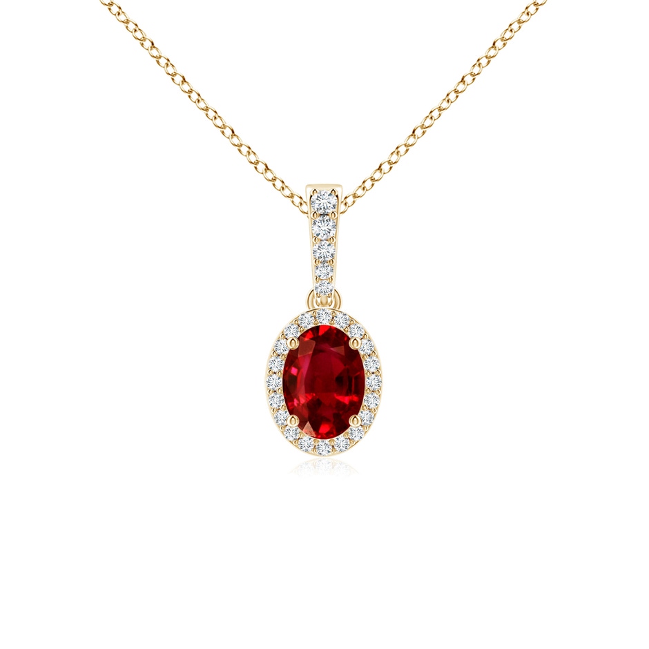 7x5mm AAAA Vintage Style Oval Ruby Halo Pendant in Yellow Gold 