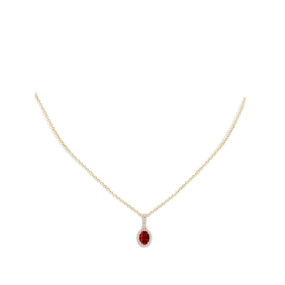 7x5mm AAAA Vintage Style Oval Ruby Halo Pendant in Yellow Gold body-neck