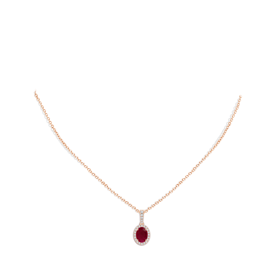 8x6mm A Vintage Style Oval Ruby Halo Pendant in Rose Gold body-neck