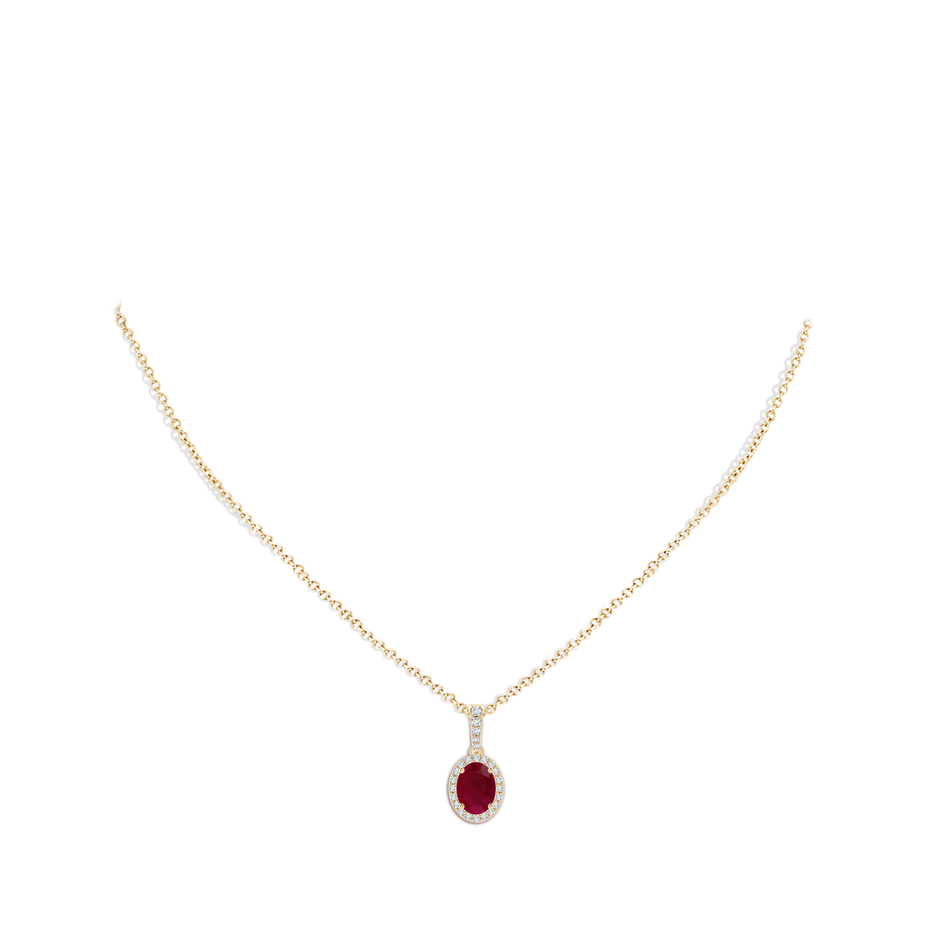 8x6mm A Vintage Style Oval Ruby Halo Pendant in Yellow Gold body-neck