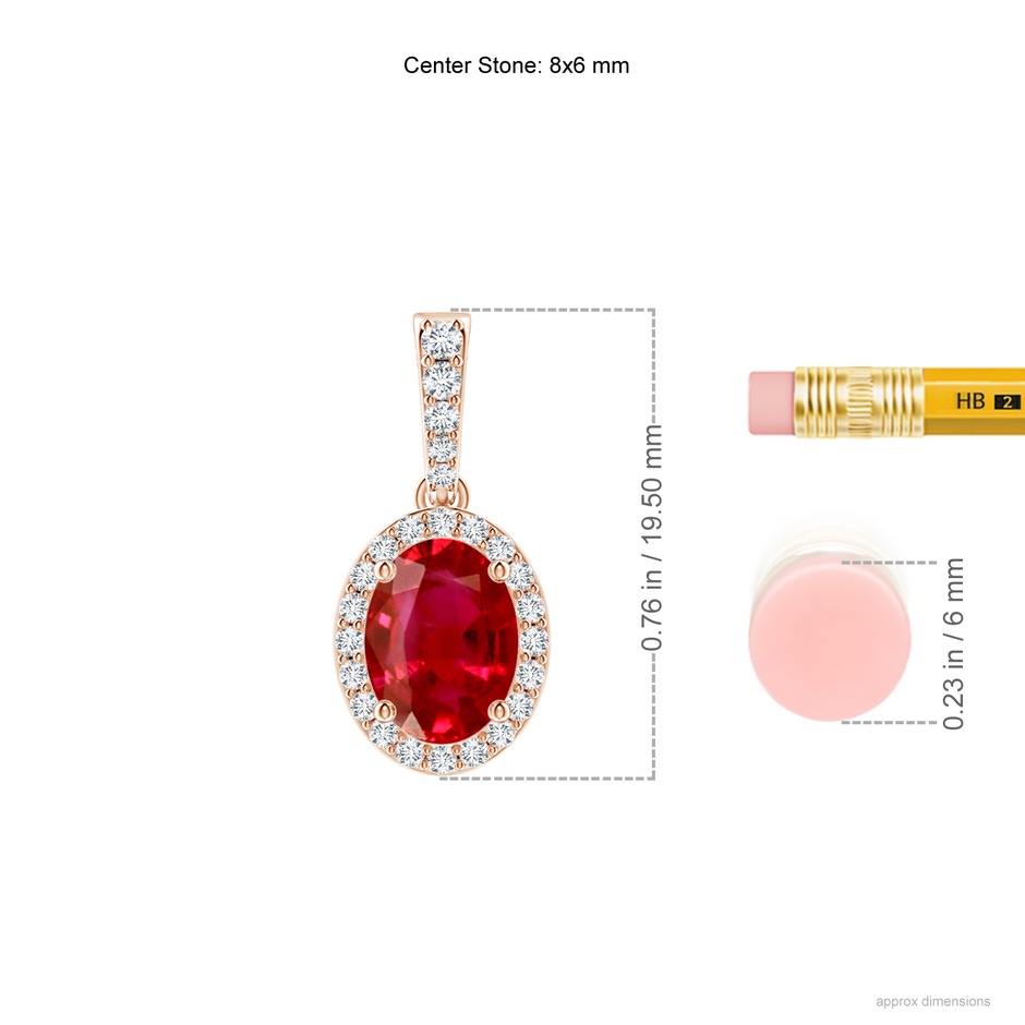 8x6mm AAA Vintage Style Oval Ruby Halo Pendant in Rose Gold ruler