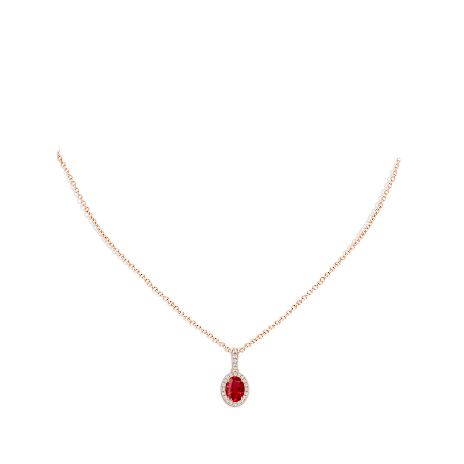8x6mm AAA Vintage Style Oval Ruby Halo Pendant in Rose Gold body-neck