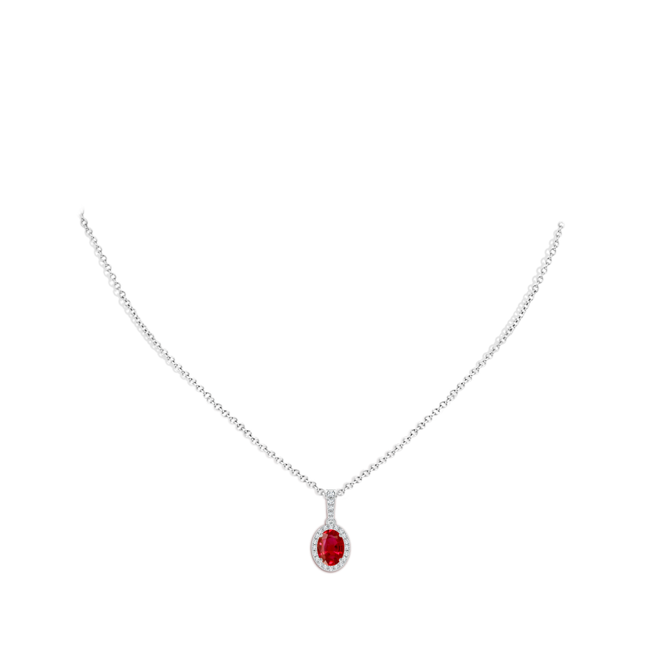 8x6mm AAA Vintage Style Oval Ruby Halo Pendant in White Gold body-neck