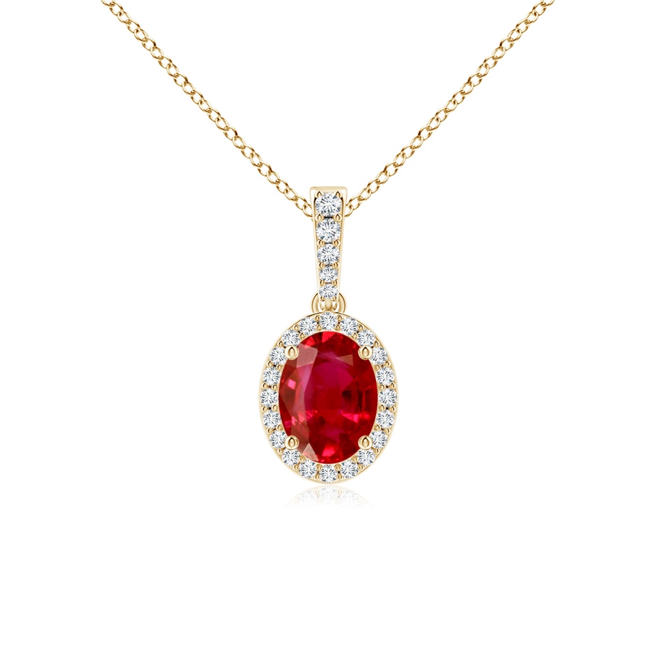 8x6mm AAA Vintage Style Oval Ruby Halo Pendant in Yellow Gold 