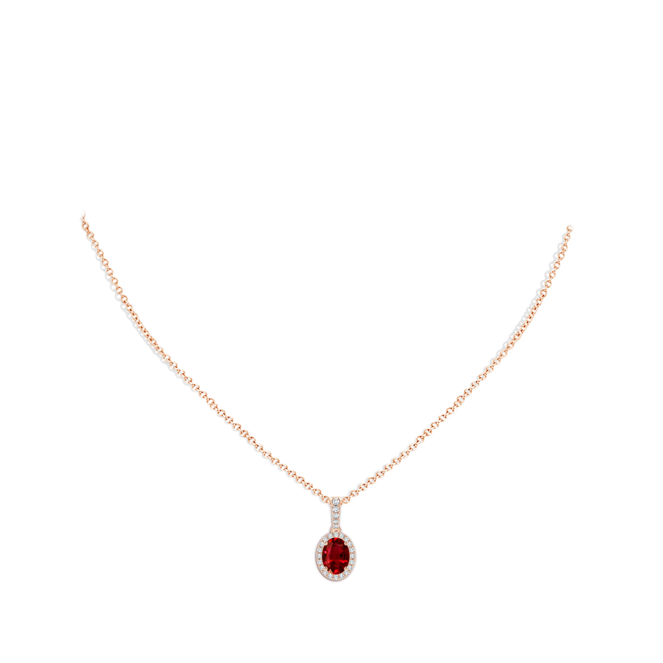 8x6mm AAAA Vintage Style Oval Ruby Halo Pendant in Rose Gold body-neck