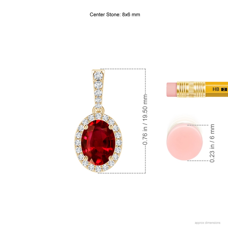 8x6mm AAAA Vintage Style Oval Ruby Halo Pendant in Yellow Gold ruler