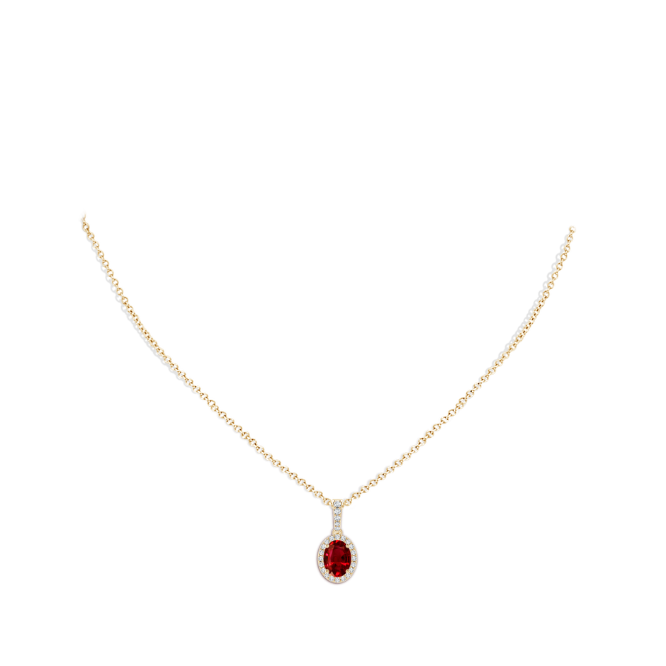 8x6mm AAAA Vintage Style Oval Ruby Halo Pendant in Yellow Gold body-neck