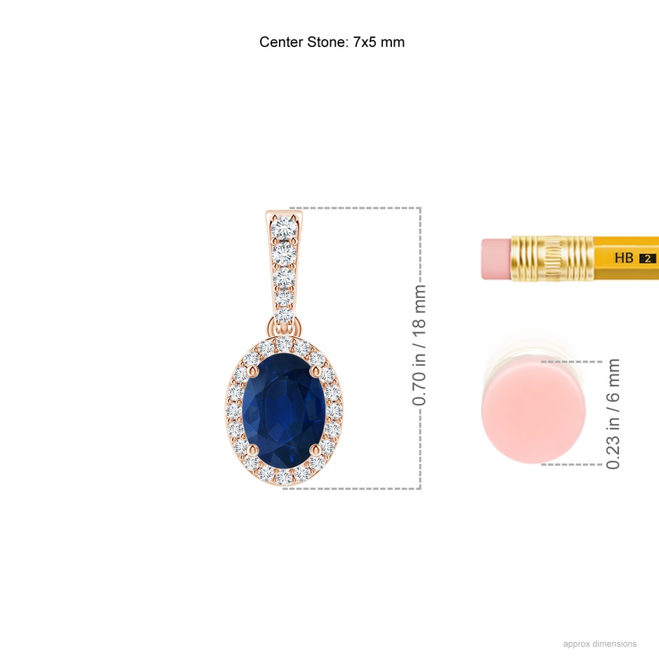 7x5mm AA Vintage Style Oval Sapphire Halo Pendant in Rose Gold ruler