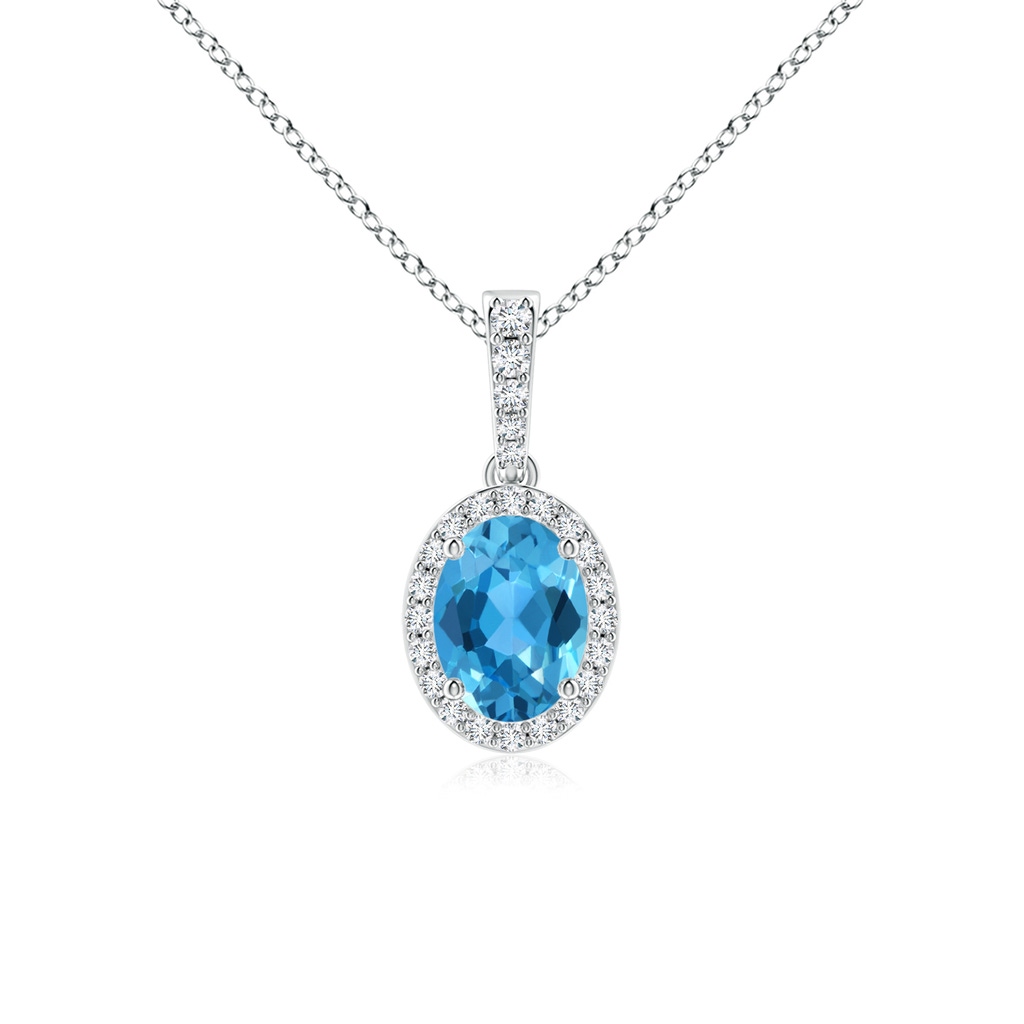 8x6mm AAA Vintage Style Oval Swiss Blue Topaz Halo Pendant in White Gold