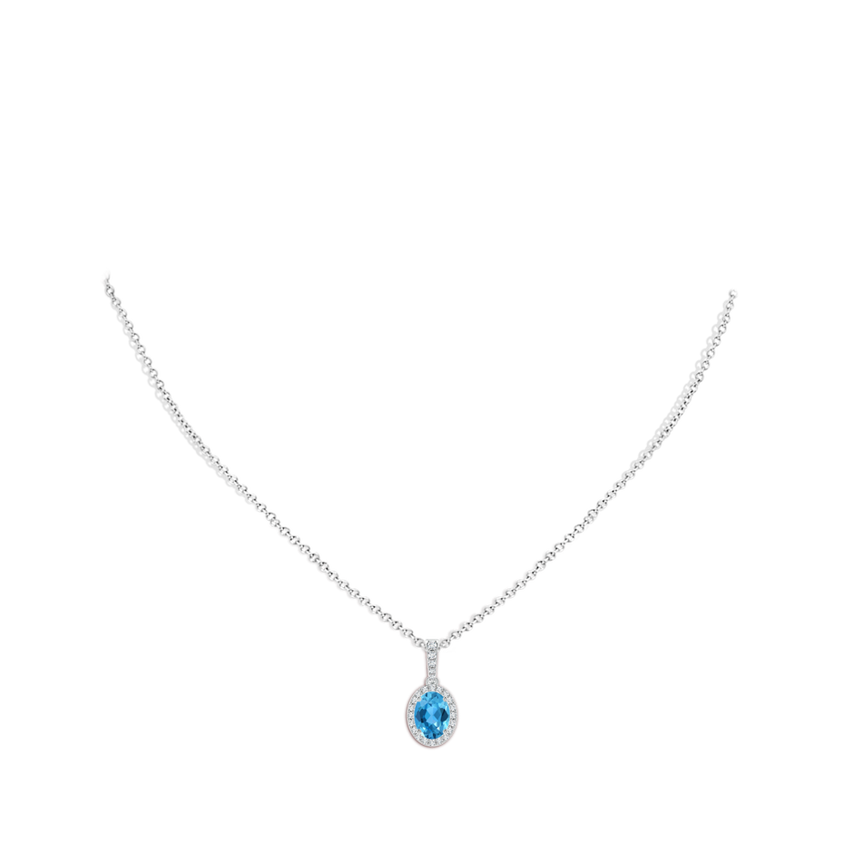 8x6mm AAA Vintage Style Oval Swiss Blue Topaz Halo Pendant in White Gold body-neck