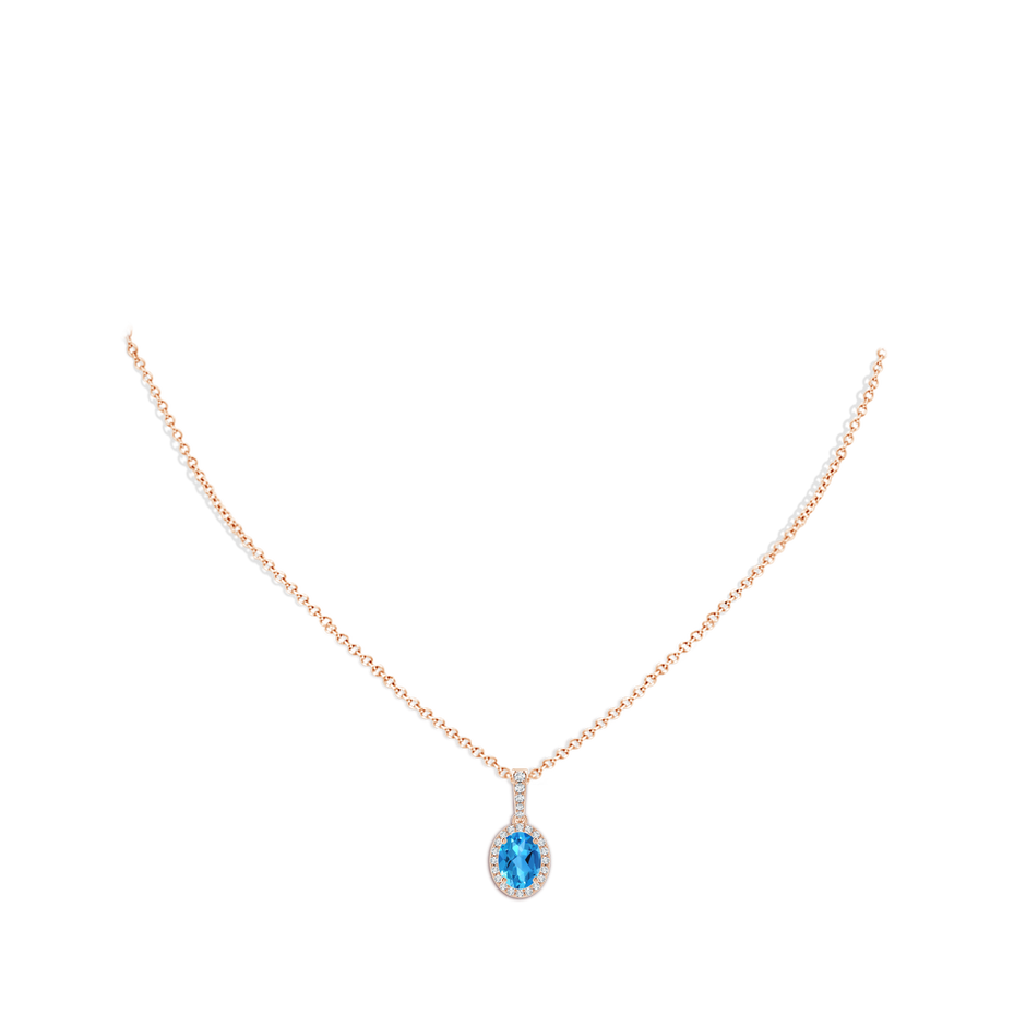 8x6mm AAAA Vintage Style Oval Swiss Blue Topaz Halo Pendant in Rose Gold body-neck