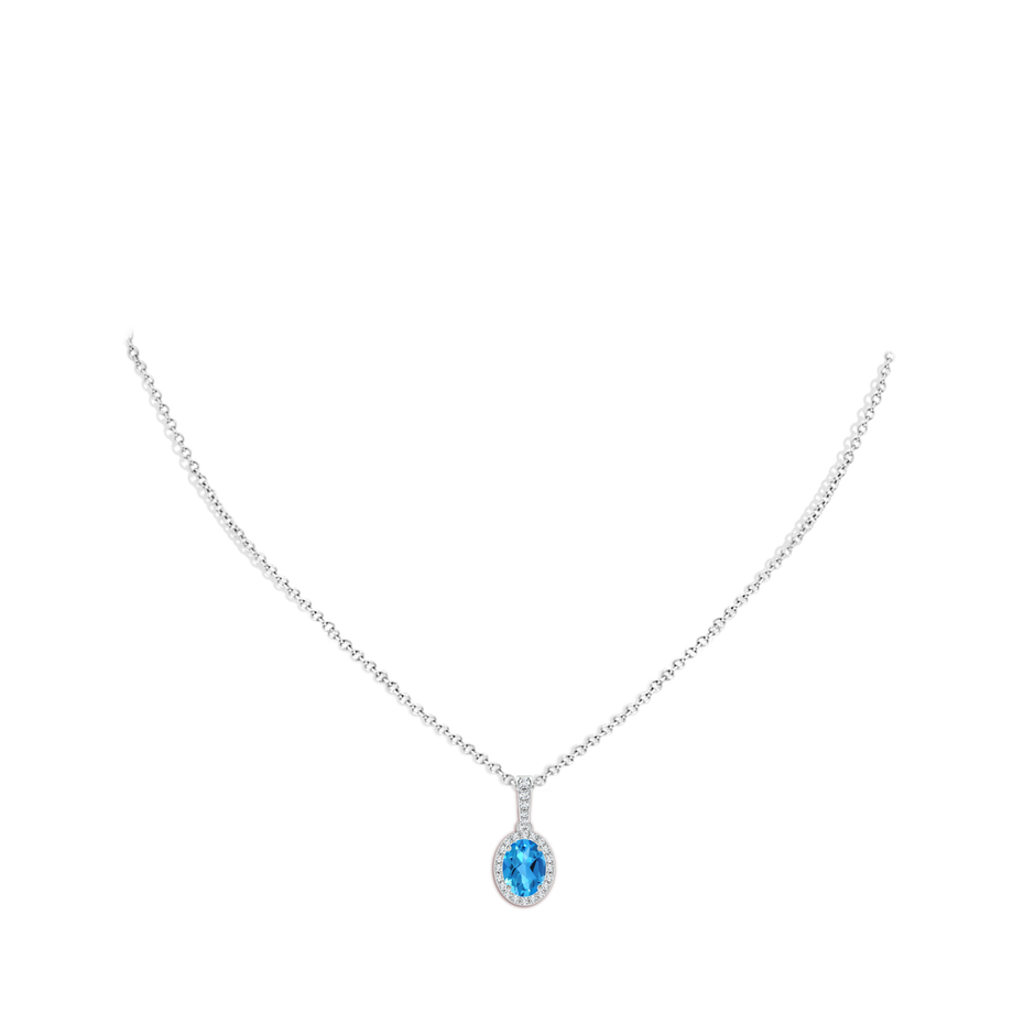 8x6mm AAAA Vintage Style Oval Swiss Blue Topaz Halo Pendant in White Gold body-neck