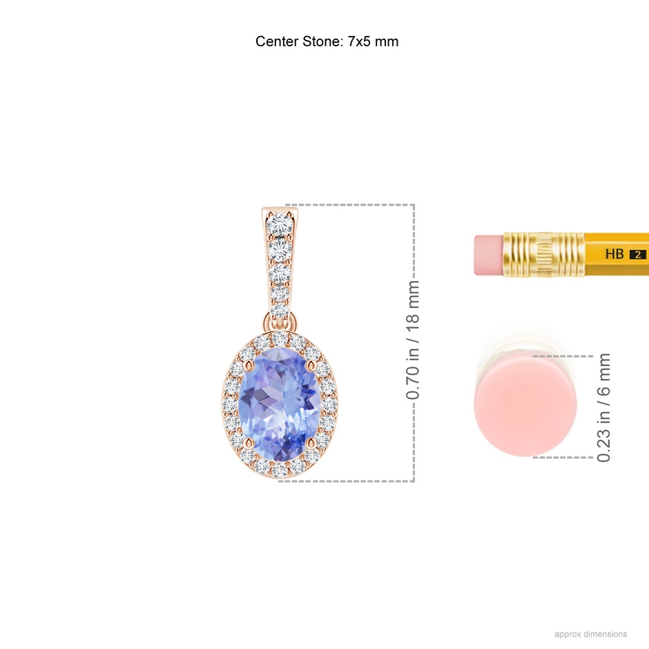 7x5mm A Vintage Style Oval Tanzanite Halo Pendant in 9K Rose Gold ruler