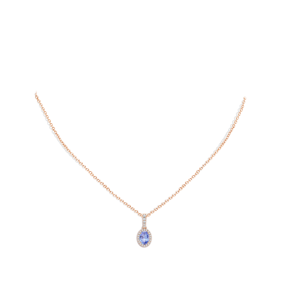 7x5mm A Vintage Style Oval Tanzanite Halo Pendant in 9K Rose Gold body-neck