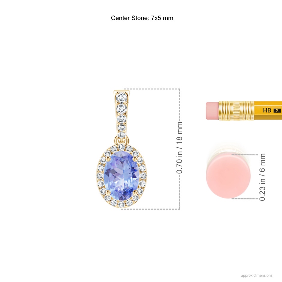 7x5mm A Vintage Style Oval Tanzanite Halo Pendant in Yellow Gold ruler