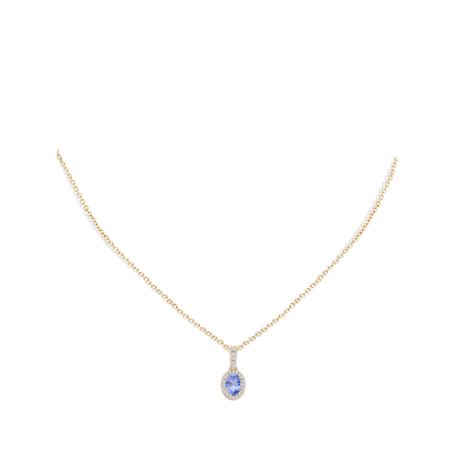 7x5mm A Vintage Style Oval Tanzanite Halo Pendant in Yellow Gold body-neck