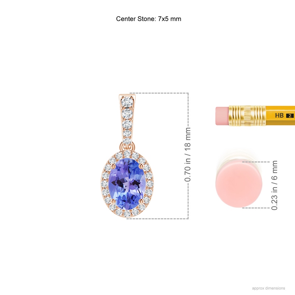 7x5mm AA Vintage Style Oval Tanzanite Halo Pendant in 9K Rose Gold ruler