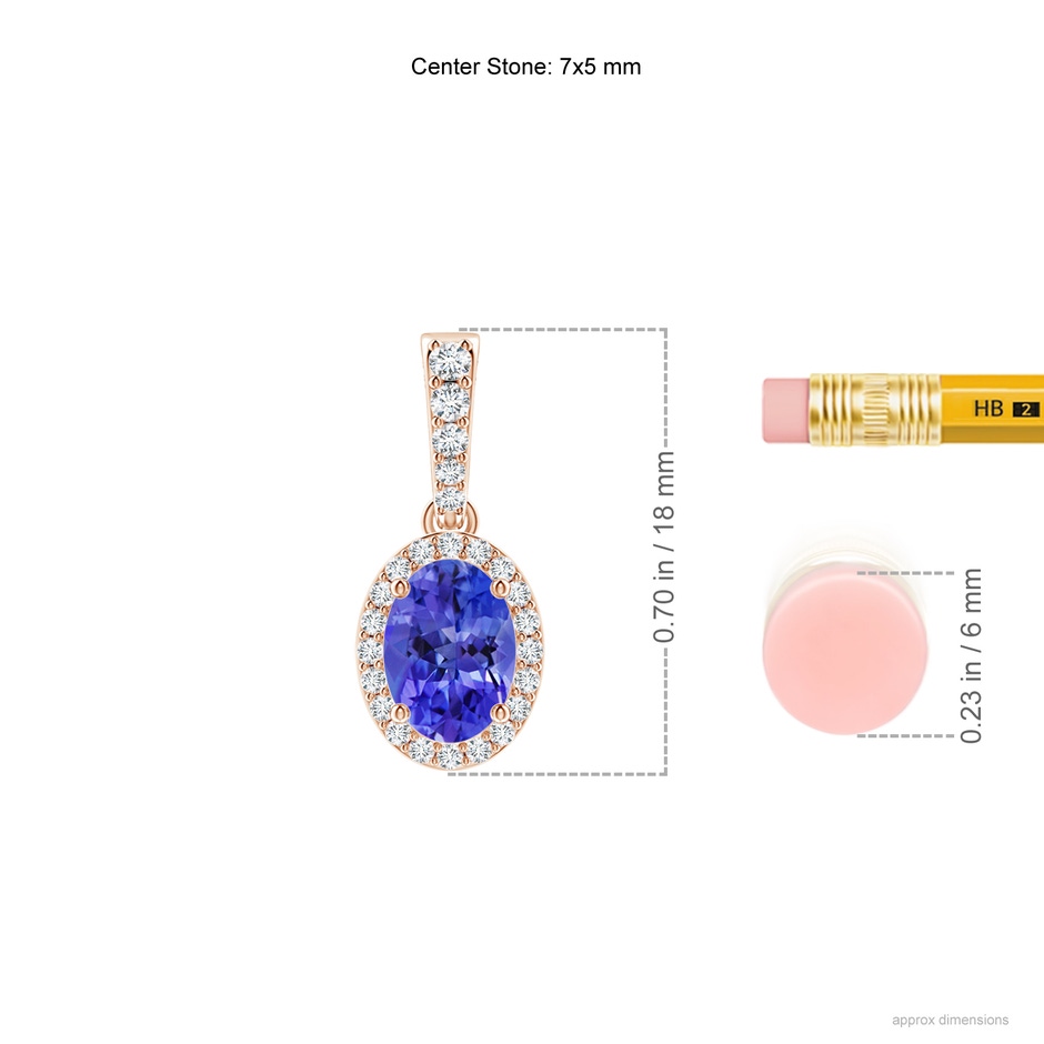 7x5mm AAA Vintage Style Oval Tanzanite Halo Pendant in 9K Rose Gold ruler
