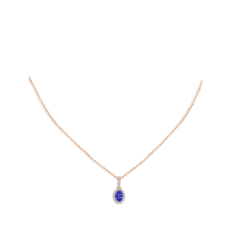 7x5mm AAA Vintage Style Oval Tanzanite Halo Pendant in 9K Rose Gold body-neck