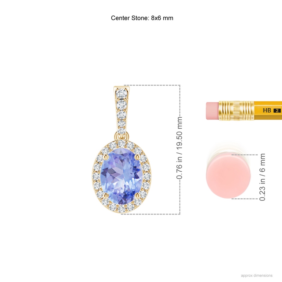 8x6mm A Vintage Style Oval Tanzanite Halo Pendant in Yellow Gold ruler
