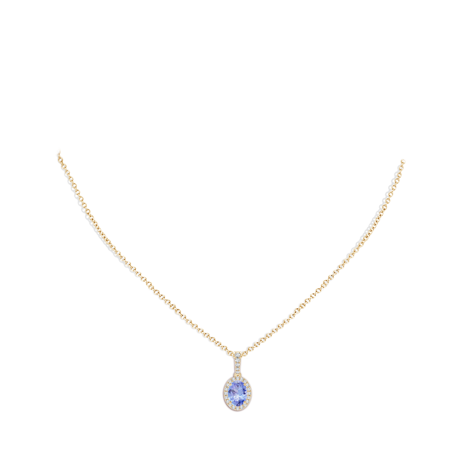 8x6mm A Vintage Style Oval Tanzanite Halo Pendant in Yellow Gold body-neck