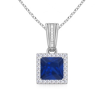 6mm AAA Vintage-Inspired Square Sapphire and Diamond Halo Pendant in White Gold