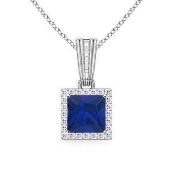 6mm AAA Vintage-Inspired Square Sapphire and Diamond Halo Pendant in White Gold 