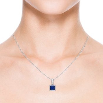 6mm AAA Vintage-Inspired Square Sapphire and Diamond Halo Pendant in White Gold Product Image