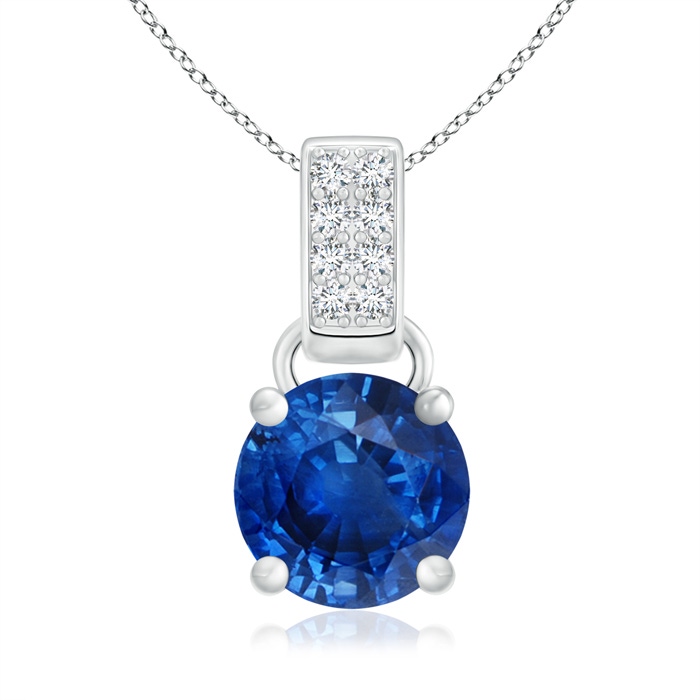 7mm AAA Round Sapphire Solitaire Pendant with Diamond Accents in White Gold