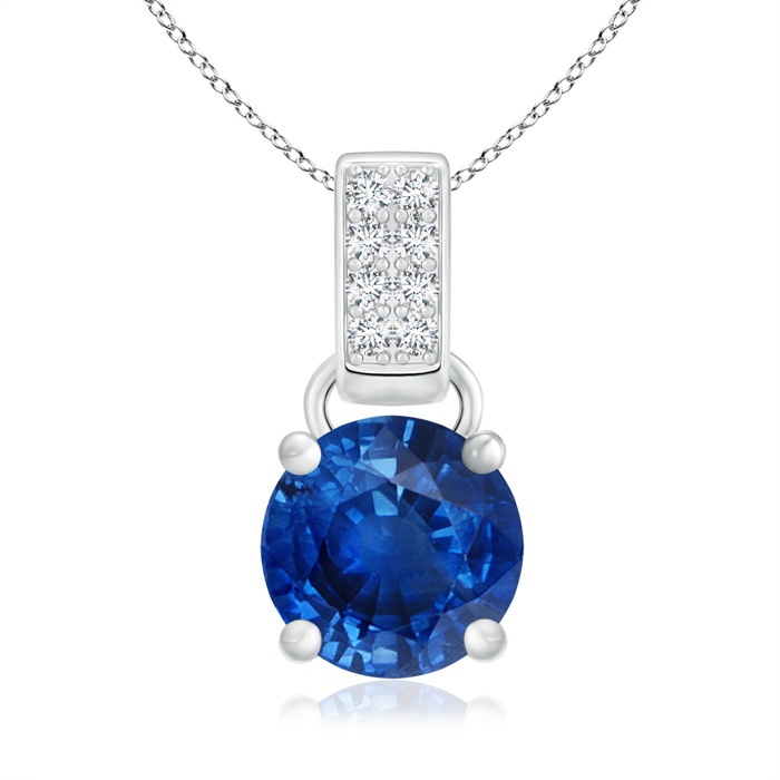 7mm AAA Round Sapphire Solitaire Pendant with Diamond Accents in White Gold 