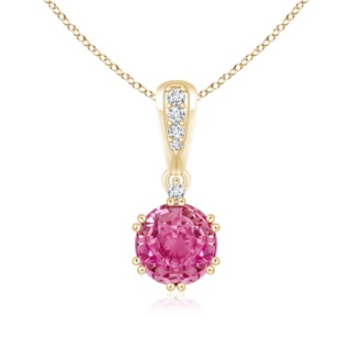 6mm AAA Round Pink Sapphire Pendant with Diamonds in Yellow Gold