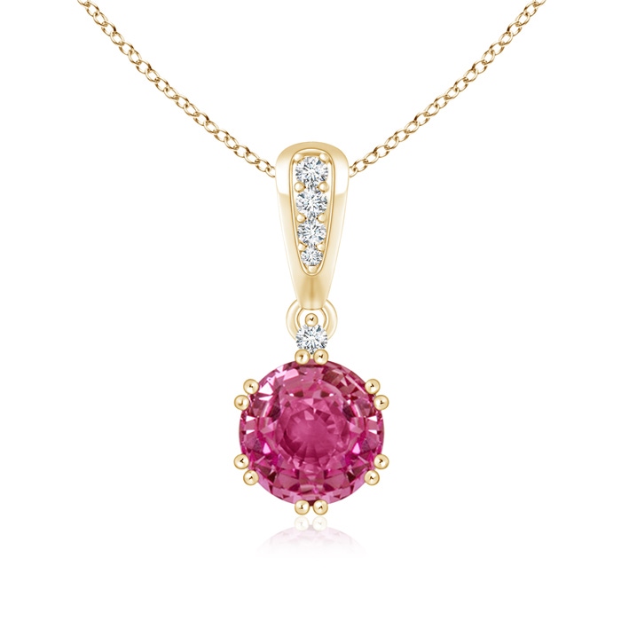 6mm AAAA Round Pink Sapphire Pendant with Diamonds in Yellow Gold