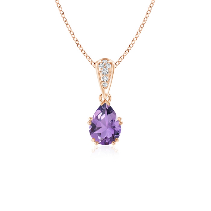 7x5mm A Vintage Style Pear Amethyst Drop Pendant with Diamonds in Rose Gold 