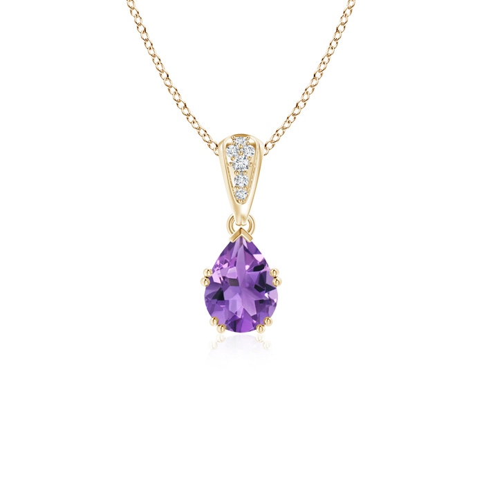 7x5mm AA Vintage Style Pear Amethyst Drop Pendant with Diamonds in Yellow Gold 