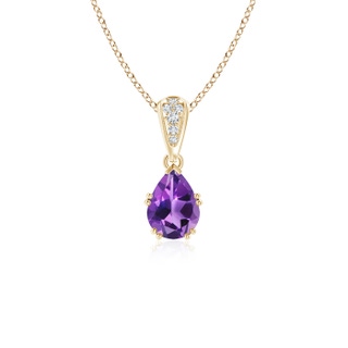 7x5mm AAA Vintage Style Pear Amethyst Drop Pendant with Diamonds in Yellow Gold