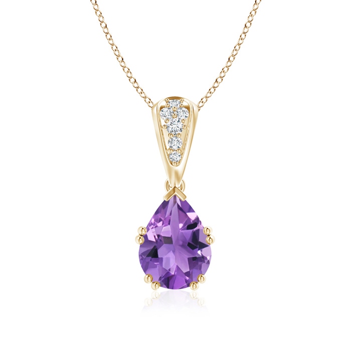 9x7mm AA Vintage Style Pear Amethyst Drop Pendant with Diamonds in Yellow Gold 