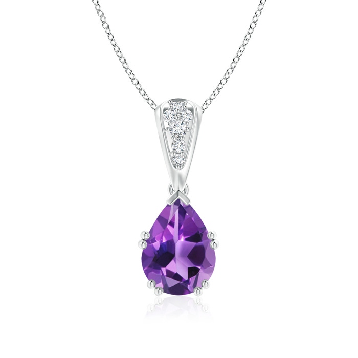 9x7mm AAA Vintage Style Pear Amethyst Drop Pendant with Diamonds in White Gold