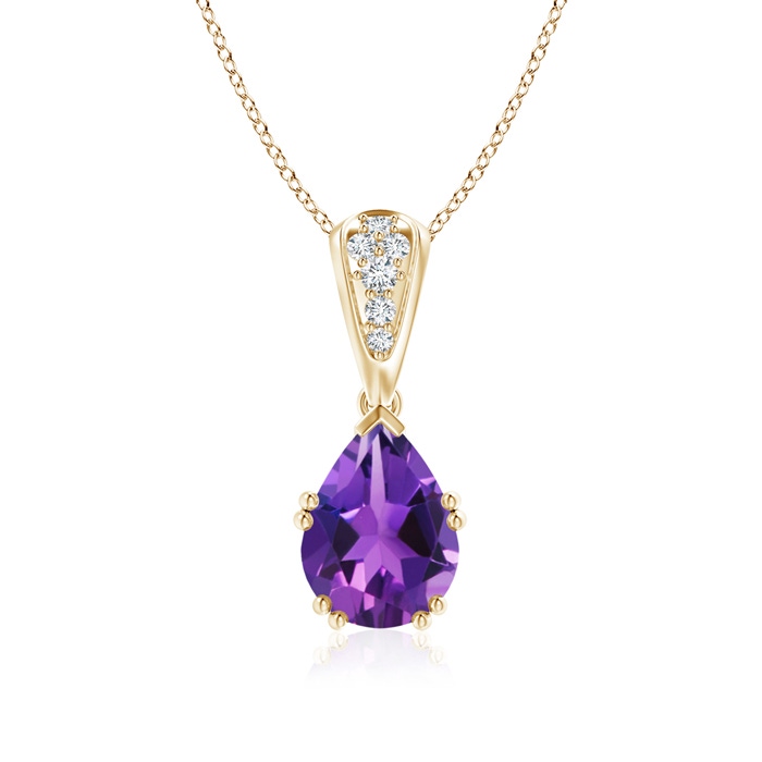 9x7mm AAAA Vintage Style Pear Amethyst Drop Pendant with Diamonds in Yellow Gold 