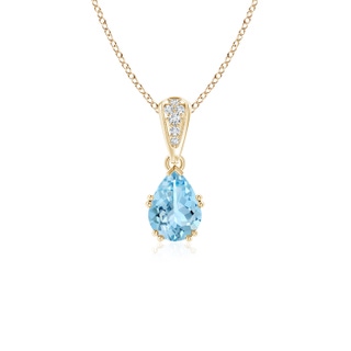 7x5mm AAAA Vintage Style Pear Aquamarine Drop Pendant with Diamonds in Yellow Gold