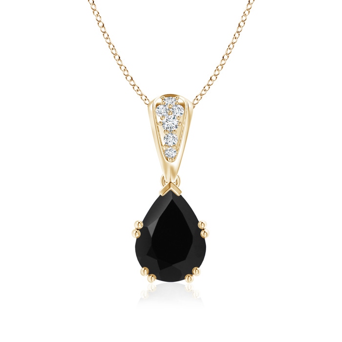 9x7mm AAA Vintage Style Pear Black Onyx Drop Pendant with Diamonds in Yellow Gold