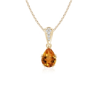 7x5mm AAA Vintage Style Pear Citrine Drop Pendant with Diamonds in Yellow Gold