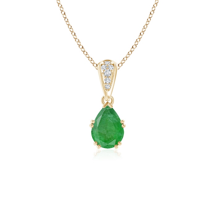 7x5mm A Vintage Style Pear Emerald Drop Pendant with Diamonds in Yellow Gold 