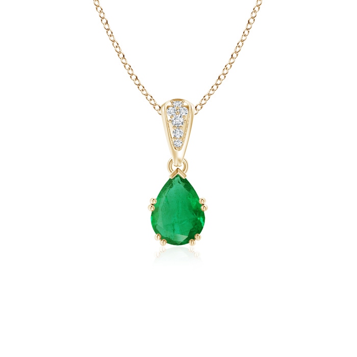 7x5mm AA Vintage Style Pear Emerald Drop Pendant with Diamonds in Yellow Gold 
