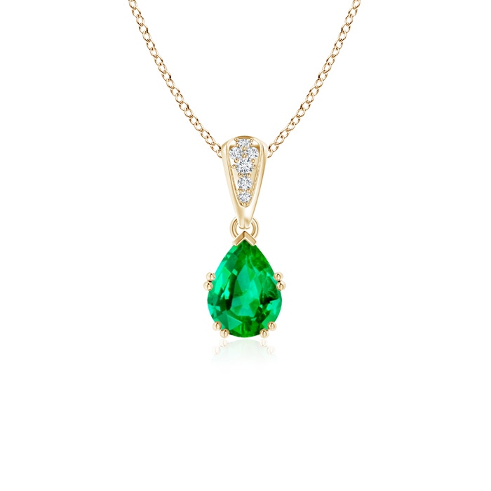 7x5mm AAA Vintage Style Pear Emerald Drop Pendant with Diamonds in Yellow Gold 