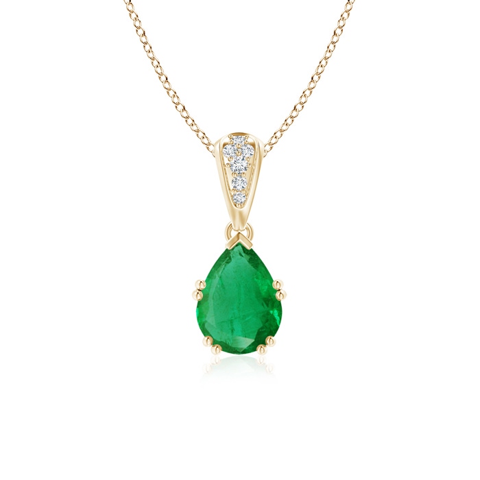 8x6mm AA Vintage Style Pear Emerald Drop Pendant with Diamonds in Yellow Gold 