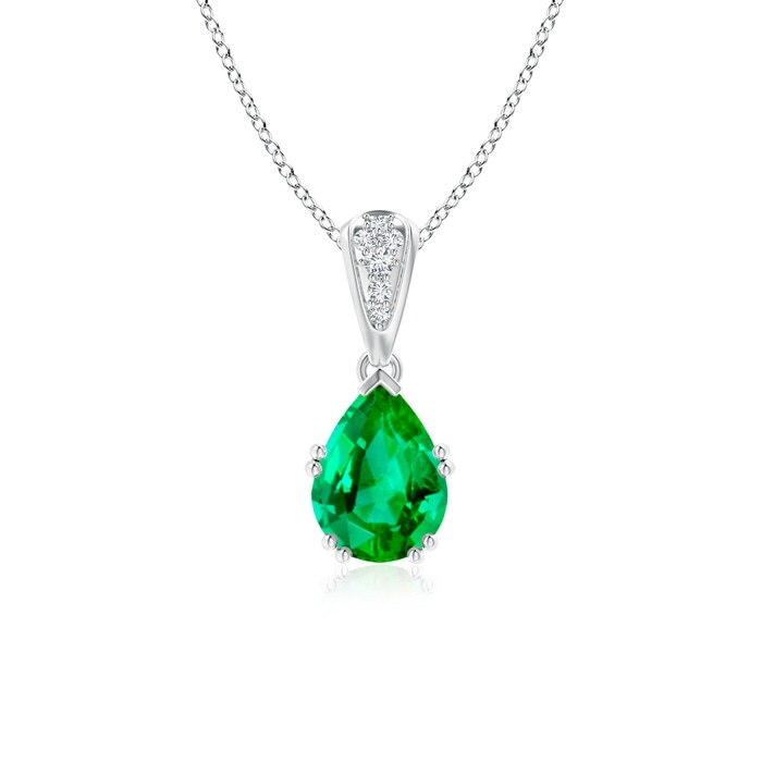 8x6mm AAA Vintage Style Pear Emerald Drop Pendant with Diamonds in White Gold
