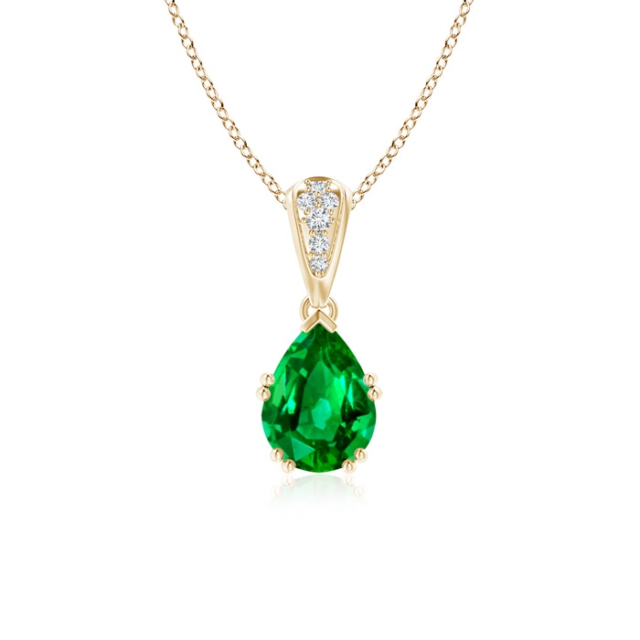 8x6mm AAAA Vintage Style Pear Emerald Drop Pendant with Diamonds in Yellow Gold 