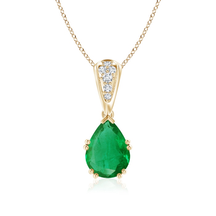 9x7mm AA Vintage Style Pear Emerald Drop Pendant with Diamonds in Yellow Gold 