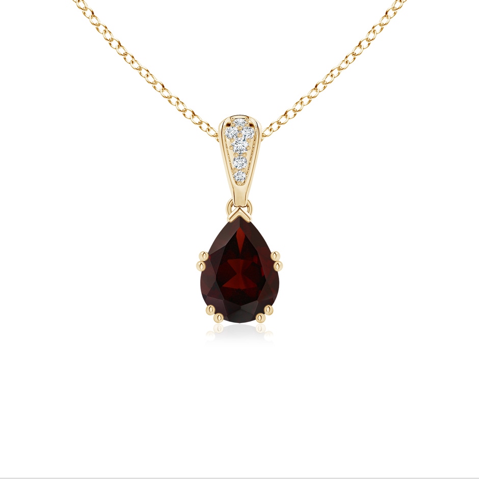 7x5mm A Vintage Style Pear Garnet Drop Pendant with Diamonds in Yellow Gold 