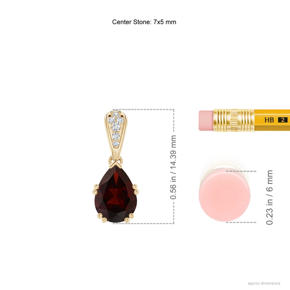 7x5mm A Vintage Style Pear Garnet Drop Pendant with Diamonds in Yellow Gold ruler